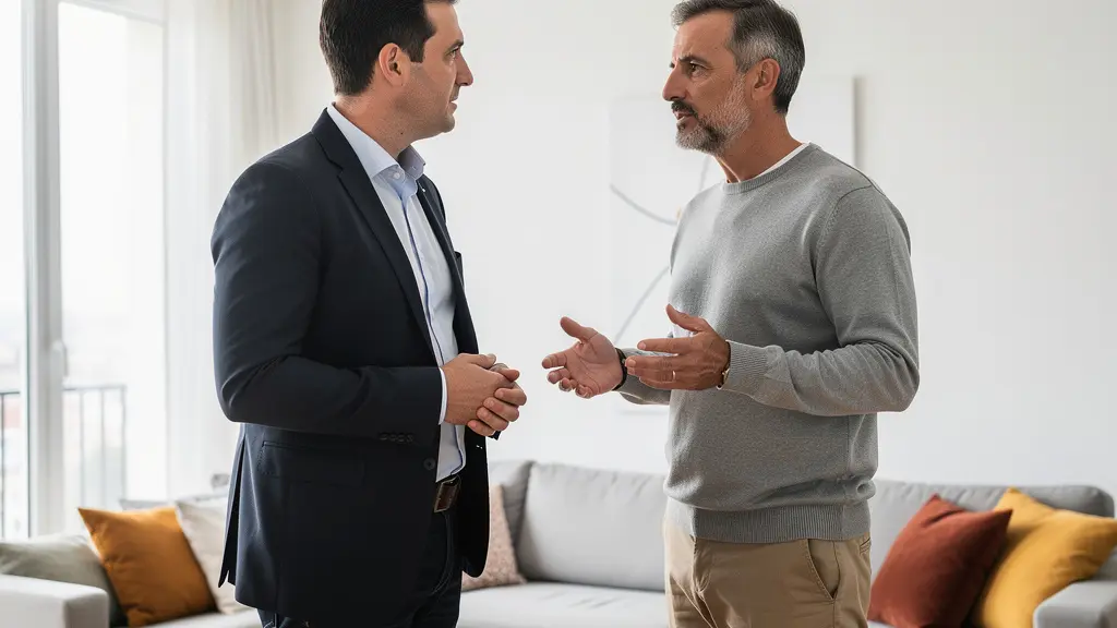 Conseiller immobilier et propriétaire discutant estimation dans un appartement lumineux