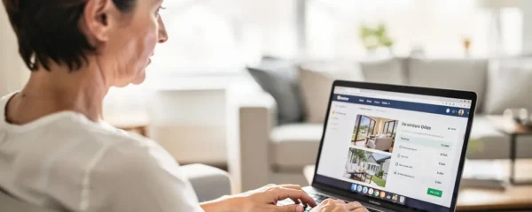 Propriétaire consultant une estimation immobilière en ligne dans son salon moderne