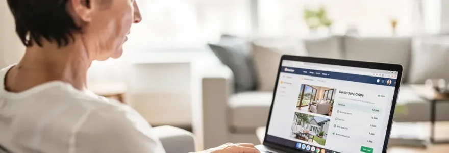 Propriétaire consultant une estimation immobilière en ligne dans son salon moderne