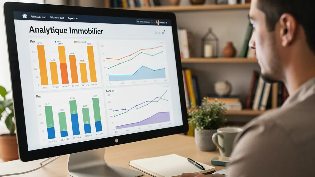 Vue par-dessus l'épaule d'une personne analysant des données immobilières sur écran