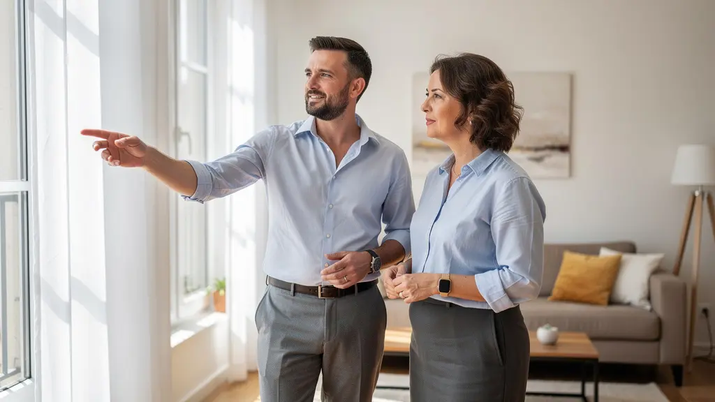 Expert immobilier et propriétaire échangeant lors d'une visite d'estimation