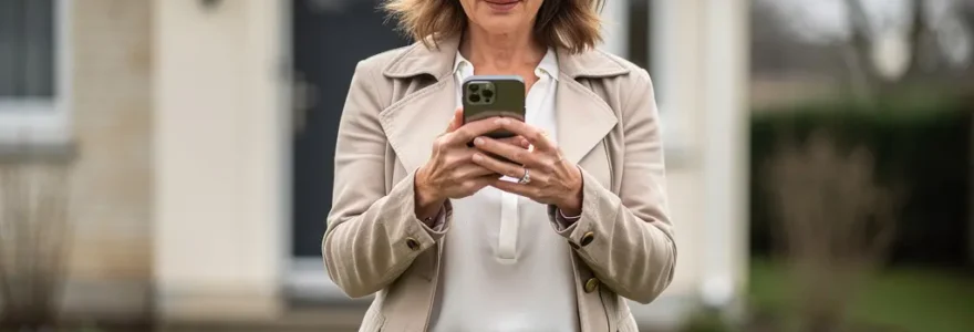 Propriétaire consultant une estimation immobilière sur smartphone devant sa maison